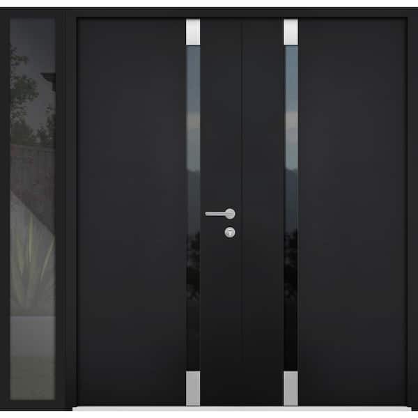 6777 84 in. x 80 in. Right-Hand/Inswing Side Tinted Glass Black Enamel Steel Prehung Front Door with Hardware
