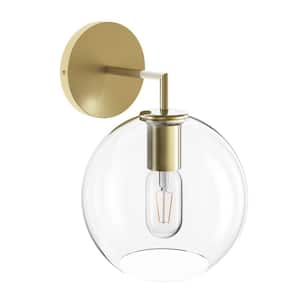 1-Light Gold Vintage Industrial Globe Wall Sconce with Clear Glass Shade