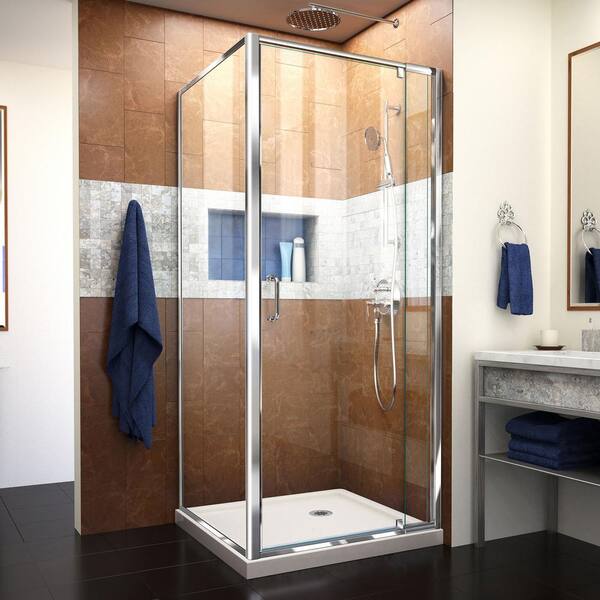 DreamLine Flex 32 in. x 32 in. x 74.75 in. Framed Corner Pivot Shower Enclosure in Chrome and Biscuit Corner Shower Base