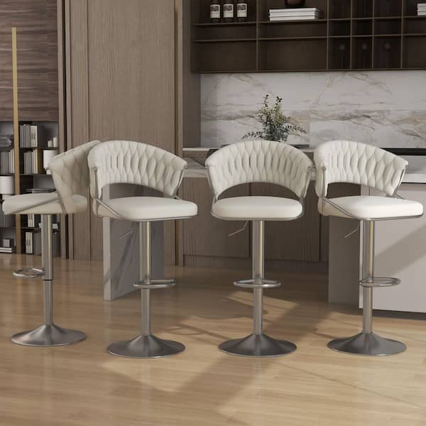 43.15 in. Ivory Low Back Silver Metal Frame Adjustable Swivel Bar Stool with Velvet Seat (Set of 4)