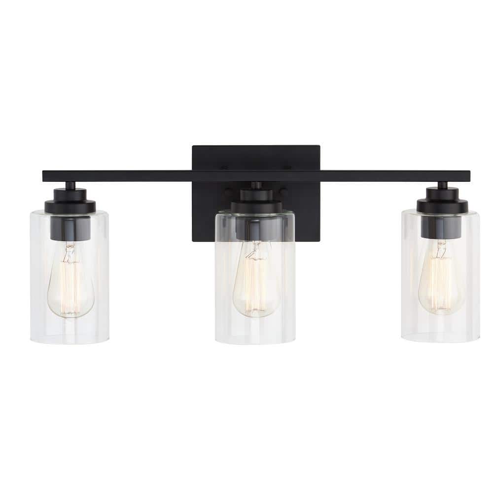 Black 3-Light Modern Cylinder Vanity Light with Glass Shades