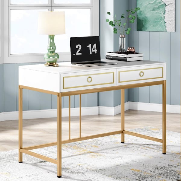 Nicole Miller Desk - White/Gold | Design: Mandisa | 2 Drawers | Hight Gloss  Lacquer Finish