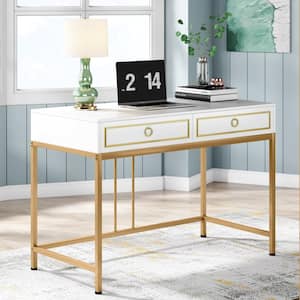 Ellie 39.4 in. Width White Gold 2 Storage Drawers Computer Desk Makeup Vanity Console Study Writing Table Home Office