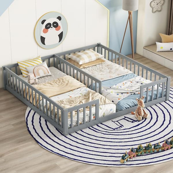 Harper & Bright Designs Gray Twin Size Wood Frame Double Kid Bed with Fence