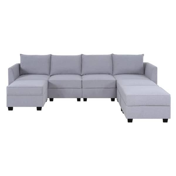 HOMESTOCK Modern 4-Seater Upholstered Sectional Sofa with 3 Ottoman - Gray Linen