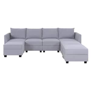 Contemporary 4 Seater Upholstered Sectional Sofa with 3 Ottoman - Gray Linen