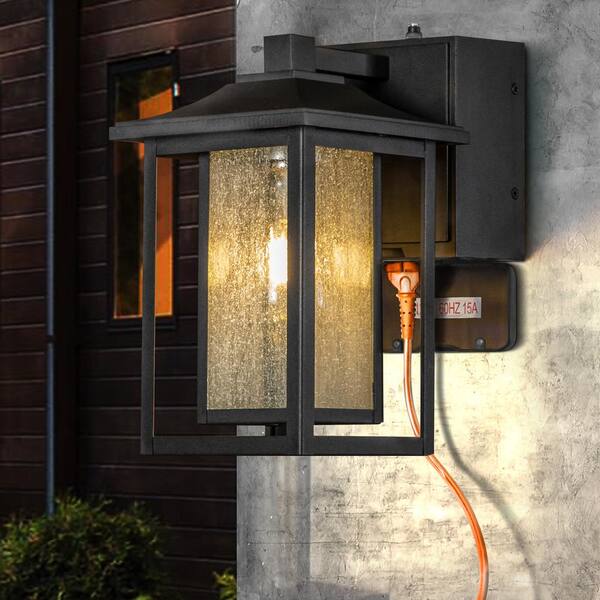 ALOA DECOR Light Matte Black Dusk to Dawn Sensor Outdoor Lantern Sconces with Seeded Glass and Built-in GFCI Outlets H7087W06A The Home Depot