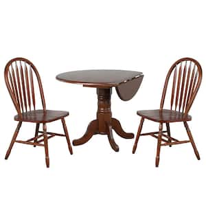 Andrews 3PC Round Drop Leaf Dining Table Set with Windsor Chairs Chestnut Brown Wood