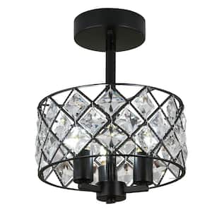 11.81 in. 3-Light Modern Elegant Black Semi-Flush Mount Crystal Ceiling Light