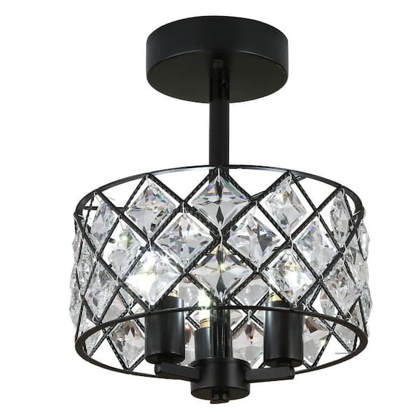 OUKANING 11.81 in. 3-Light Modern Elegant Black Semi-Flush Mount Crystal Ceiling Light