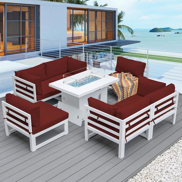 FINCATI 7-Piece Luxury White Aluminum Patio Conversation Deep Seating Set, Fire Pit Table and Red Cushions