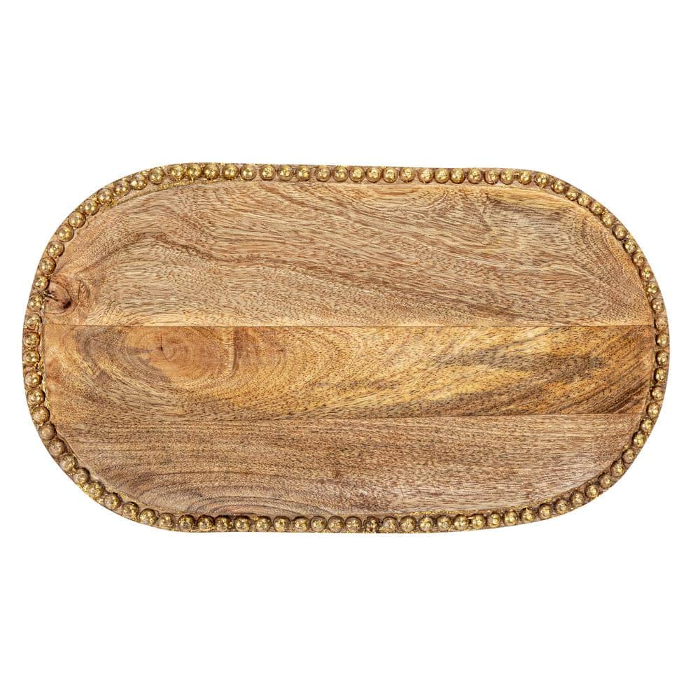 Hand-Carved Mango Wood Oval Tray with Gold Beads
