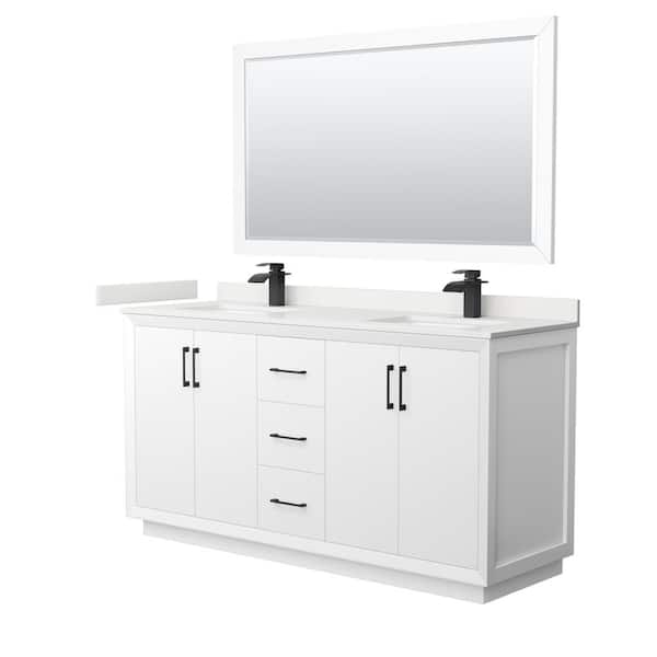 Wyndham Collection Strada 66 in. W x 22 in. D x 35 in. H Double Bath Vanity in White with White Quartz Top and 58 in. Mirror