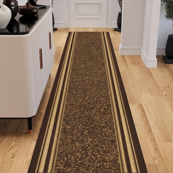 Indoor 2 ft. 7 in x 15 ft. Brown Non-Slip Hallway For High Traffic, Bordered Design Runner Rugs