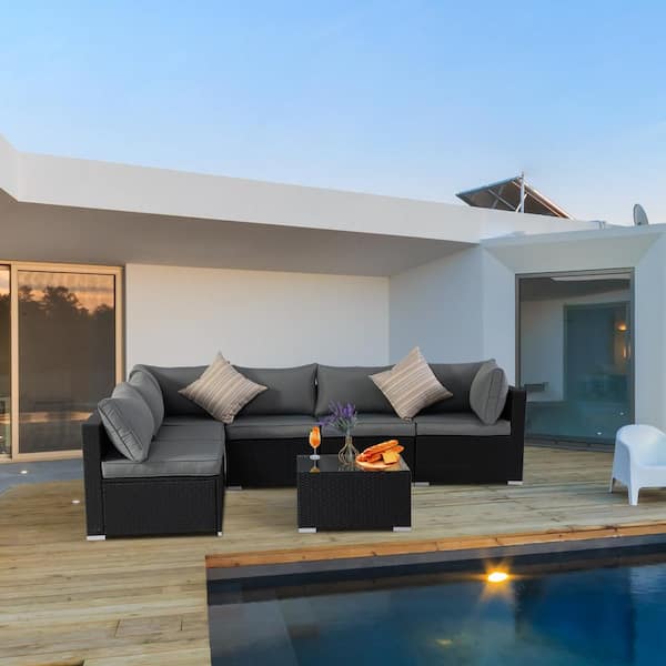 Cesicia 7-Piece Wicker Patio Conversation Seating Set with Gray Cushions