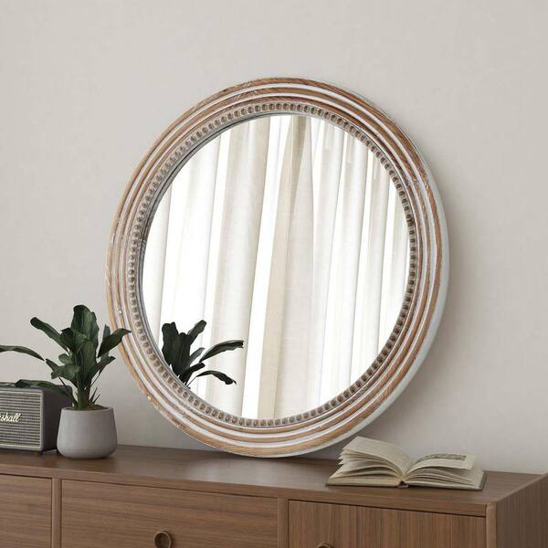 23.62 in. x 23.62 in. White Wood Frame Round Vintage Vanity Mirror