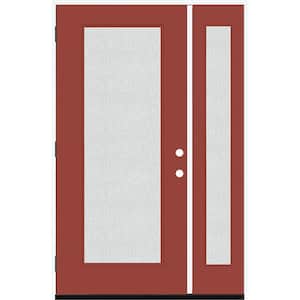Legacy 51 in. x 80 in. Full Lite Rain Glass RHOS Primed Morocco Red Finish Fiberglass Prehung Front Door with 12 in. SL
