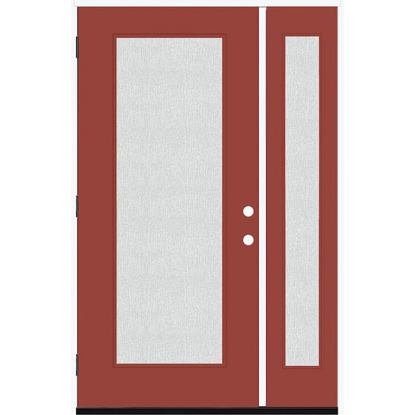 Steves & Sons Legacy 51 in. x 80 in. Full Lite Rain Glass RHOS Primed Morocco Red Finish Fiberglass Prehung Front Door with 12 in. SL
