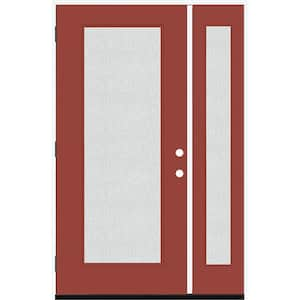 Legacy 53 in. x 80 in. Full Lite Rain Glass RHOS Primed Morocco Red Finish Fiberglass Prehung Front Door with 14 in. SL