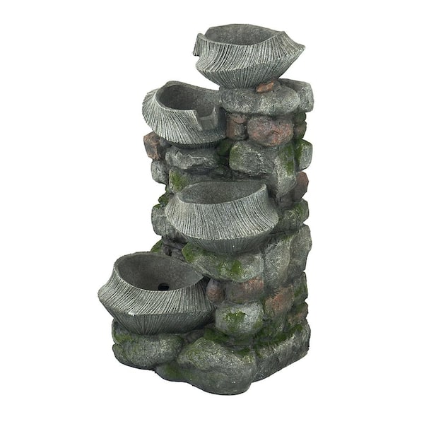 Sudzendf Outdoor 4-Tier Polyresin Cascading Rock Bowl Freestanding Stone Water Fountain with LED Light