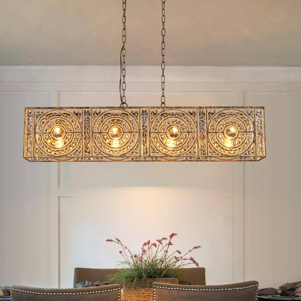 Vintage Bronze 42" Rectangle Crystal Chandelier with Metal Frame
