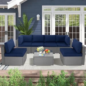 Gray Wicker Outdoor Sectional Set with Dark Blue Cushions (7-Piece)