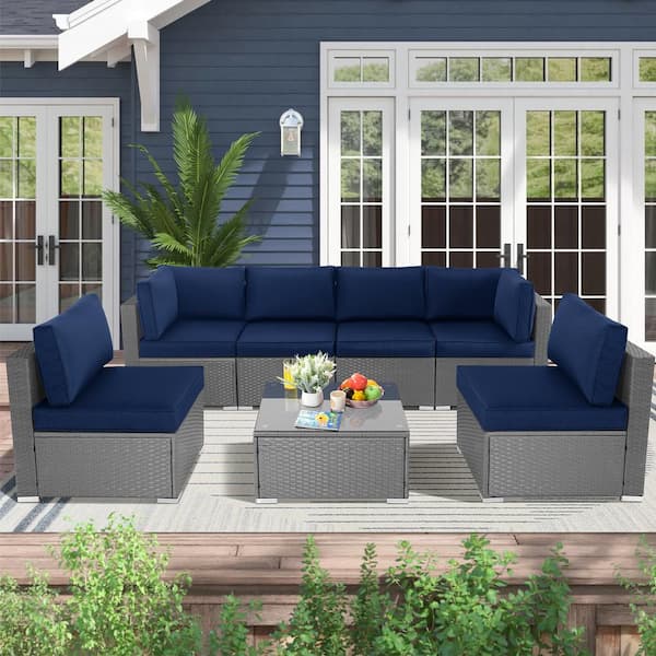 Suncrown Gray Wicker Outdoor Sectional Set with Dark Blue Cushions (7-Piece)