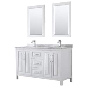 Daria 60 in. Double Bathroom Vanity in White with Marble Vanity Top in Carrara White and 24 in. Mirrors