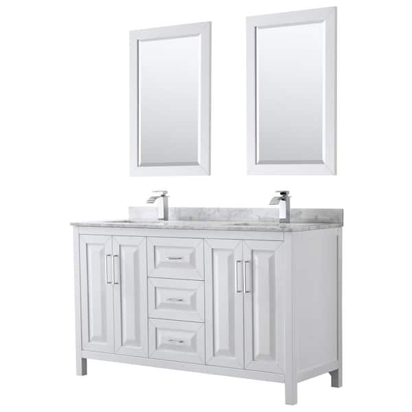 Wyndham Collection Daria 60 in. Double Bathroom Vanity in White with Marble Vanity Top in Carrara White and 24 in. Mirrors