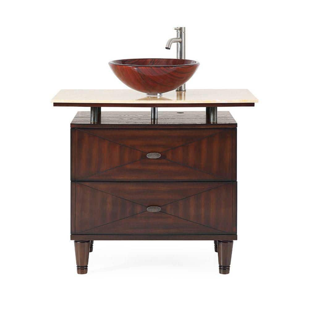 Valentina 36'' Medium Brown Birch Wood Vessel Sink Vanity with Marble Top