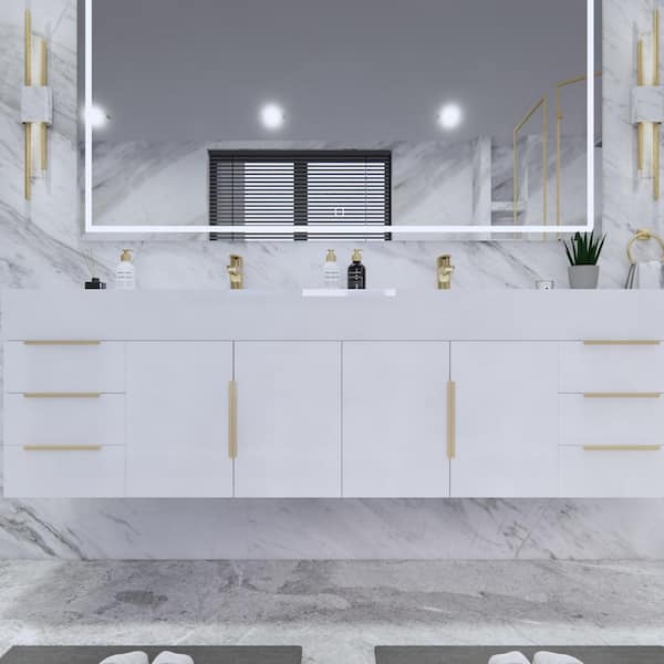 Bethany 71 in. W. x 20 in. D x 22 in. H Double Sink Floating Bath Double Vanity in Gloss White with White Acrylic Top