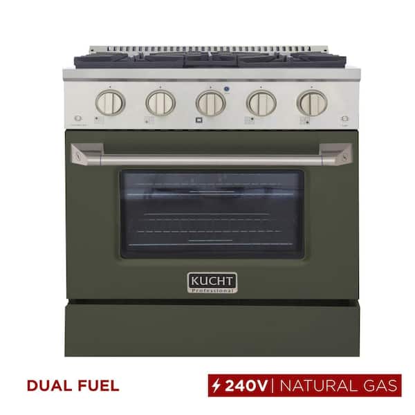 30 in. 4.2 cu. ft. 4-Burners Dual Fuel Range Natural Gas in Stainless Steel, Olive Green Oven Door with Convection Oven