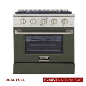 30 in. 4.2 cu. ft. 4-Burners Dual Fuel Range Natural Gas in Stainless Steel, Olive Green Oven Door with Convection Oven