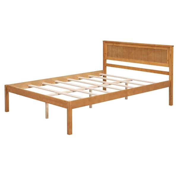 Oak Brown Wood Frame Full Size Platform Bed with Slats