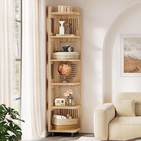 Eulas 71.9 in. Tall Natural Engineered Wood 5-Shelf Standard Bookcase Storage Rack, Corner Stand Display Shelf