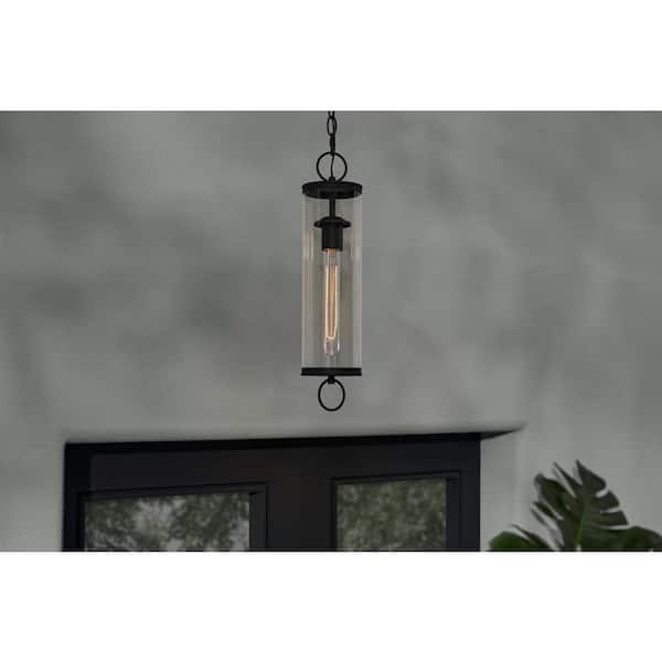Hampton Bay Citrin 19.25 in. 1-Light Black Hanging Outdoor Pendant Light Fixture with Clear Glass