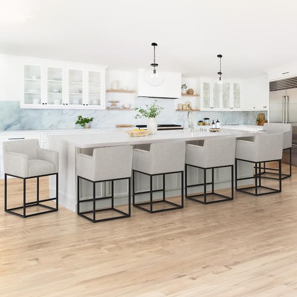 LUE BONA Luna 26 in. Gray Fabric Upholstered Counter Bar Stool with Black Metal Frame Square Counter Stool Set of 6