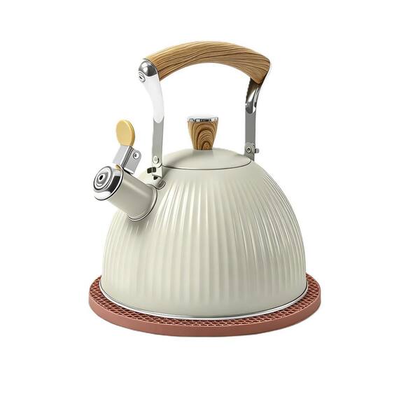 2.5 qt. 10-Cup Stainless Steel Whistling Tea Kettle for Stove Top with Wood Pattern Folding Handle in Creamy White