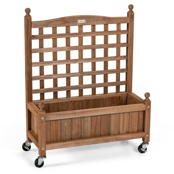 ANGELES HOME 32 in. Natural Firwood Planter Box with Trellis and Wheels for Climbing Plant