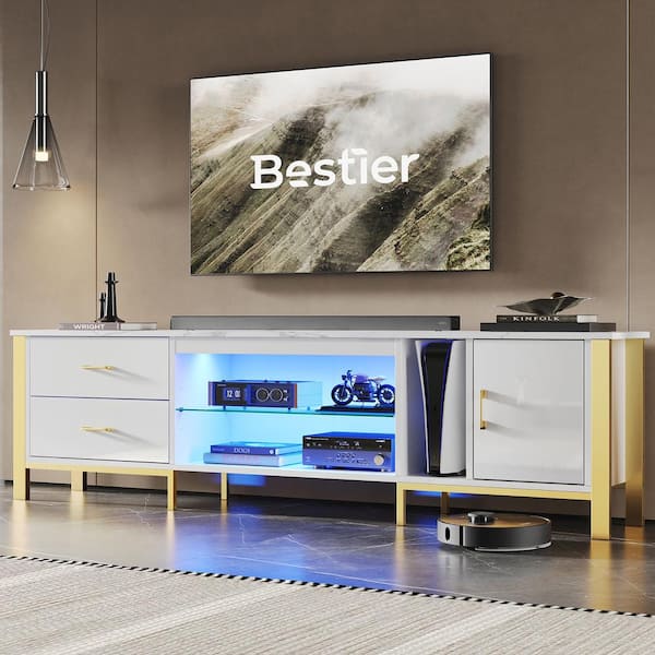 Bestier 80 in. Modern High Gloss White TV Stand for TVs Up to 85 in. LED Entertainment Center with Drawers and Cabinet