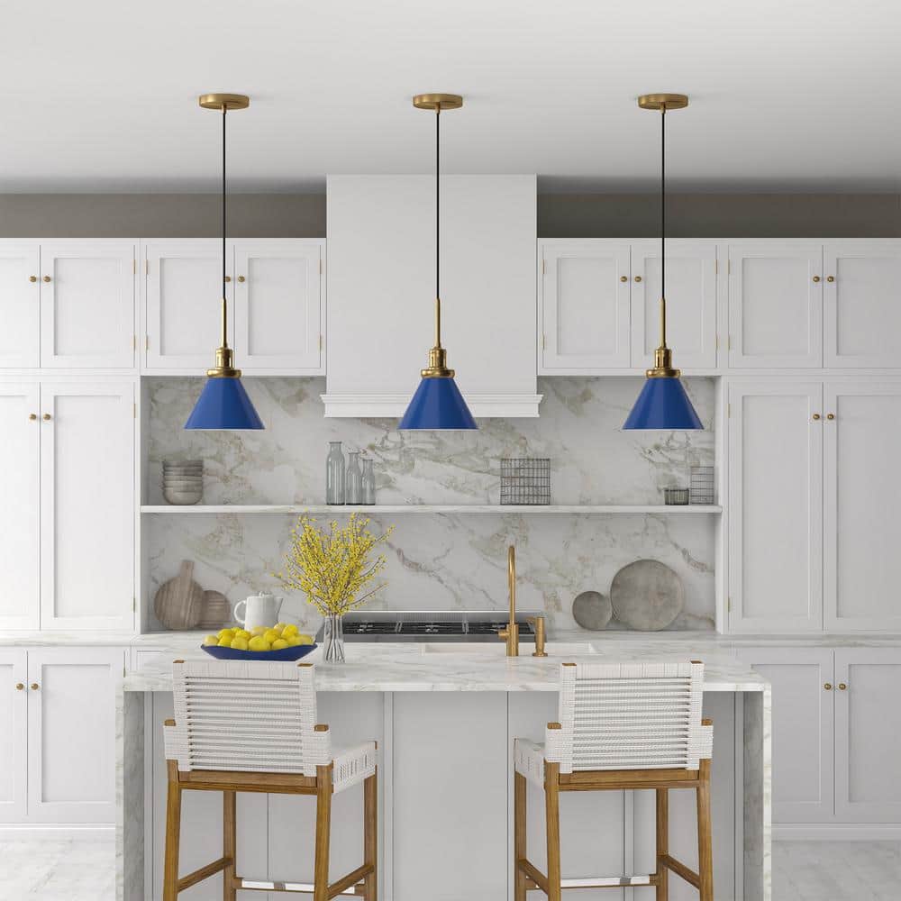 Blue and Brass 8" Industrial Metal Pendant Light