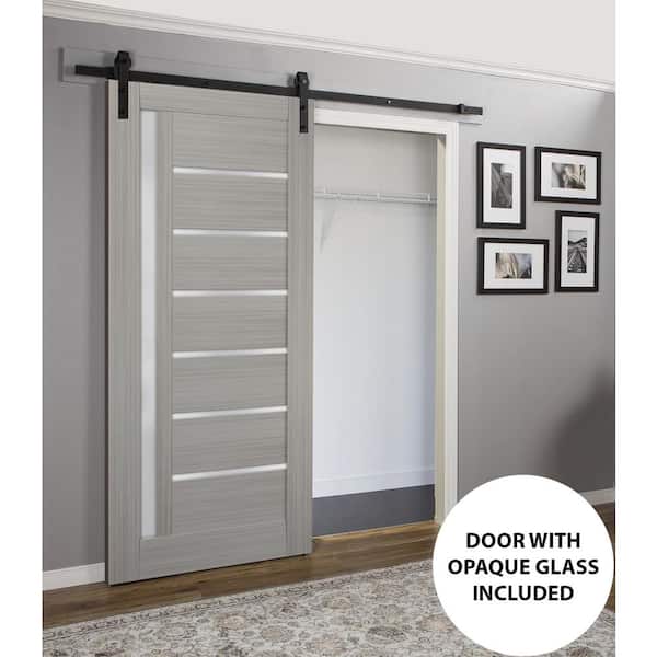 Assembly Required 18 in. x 96 in. Single Panel Gray Finished Solid MDF Sliding Door with Black Barn Hardware
