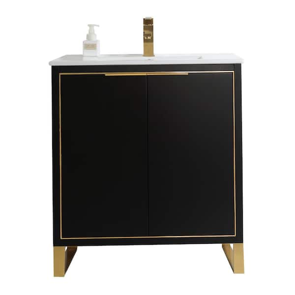 FINE FIXTURES Opulence 30 in. W x 18 in. D x 33.5 in. H Bath Vanity in Black Matte with White Ceramic Top