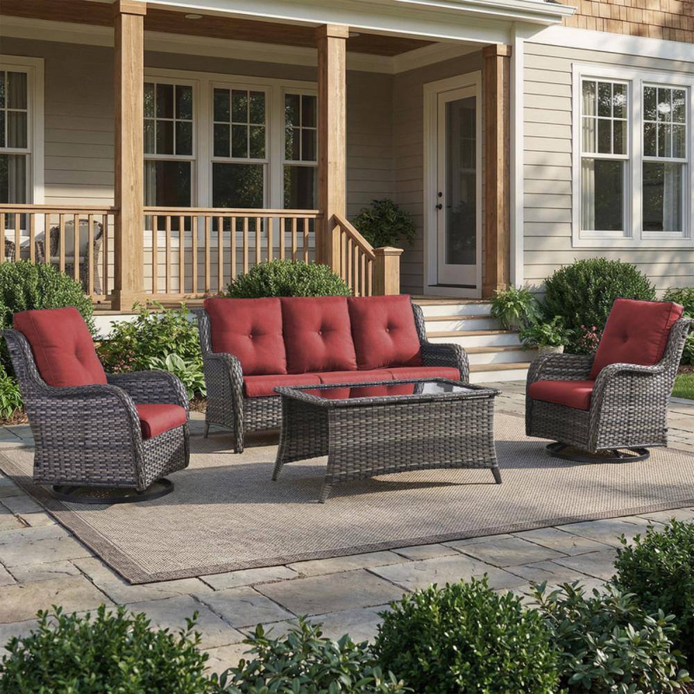 Wellcane 4-Piece Gray Wicker Patio Conversation Set Outdoor Sofa Set with Swivel chair and Olefin Red Cushions price history on PriceWatchPro