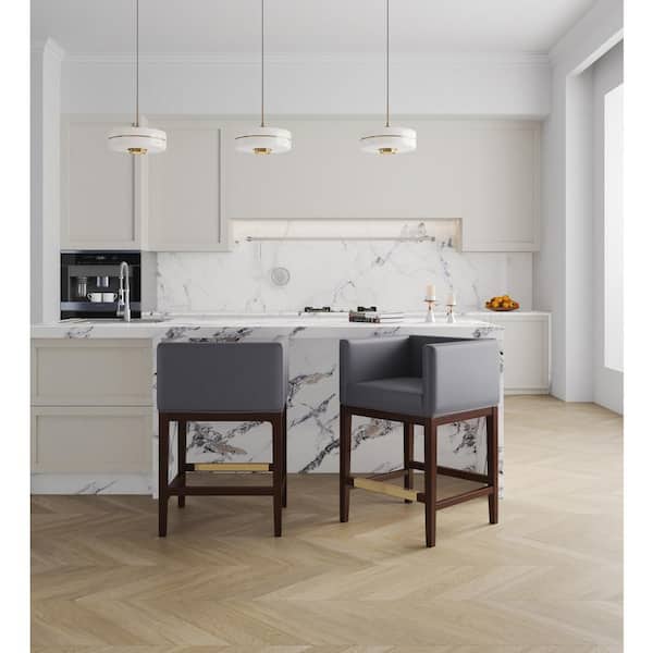 Manhattan Comfort Kingsley 26 in. Grey and Dark Walnut Beech Wood Counter Stool with Faux Leather Upholstered Seat
