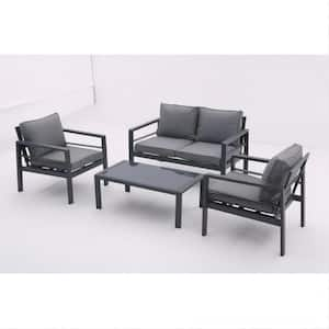 4-Piece Aluminum Outdoor Patio Conversation Sofa Set with Grey Removable Cushions and Tempered Glass Coffee Table