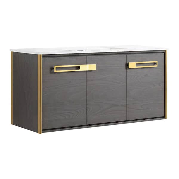 FINE FIXTURES Oakville 48 in. W x 18 in. D x 23.25 in. H Wall Mounted Bathroom Vanity in Black Coal Oak with White Ceramic Sink Top