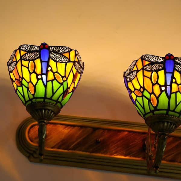 OUKANING 3-Light Bronze Retro Wall Sconce with Stained Glass