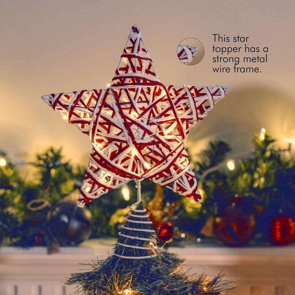 Red and White Rattan Star Tree Topper with LED Lights