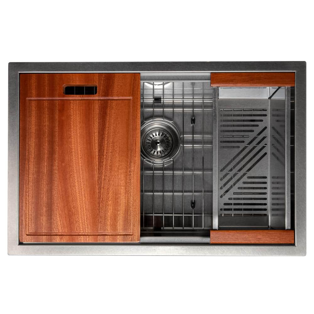 27" Stainless Steel Single Bowl Kitchen Sink with Wood Accents